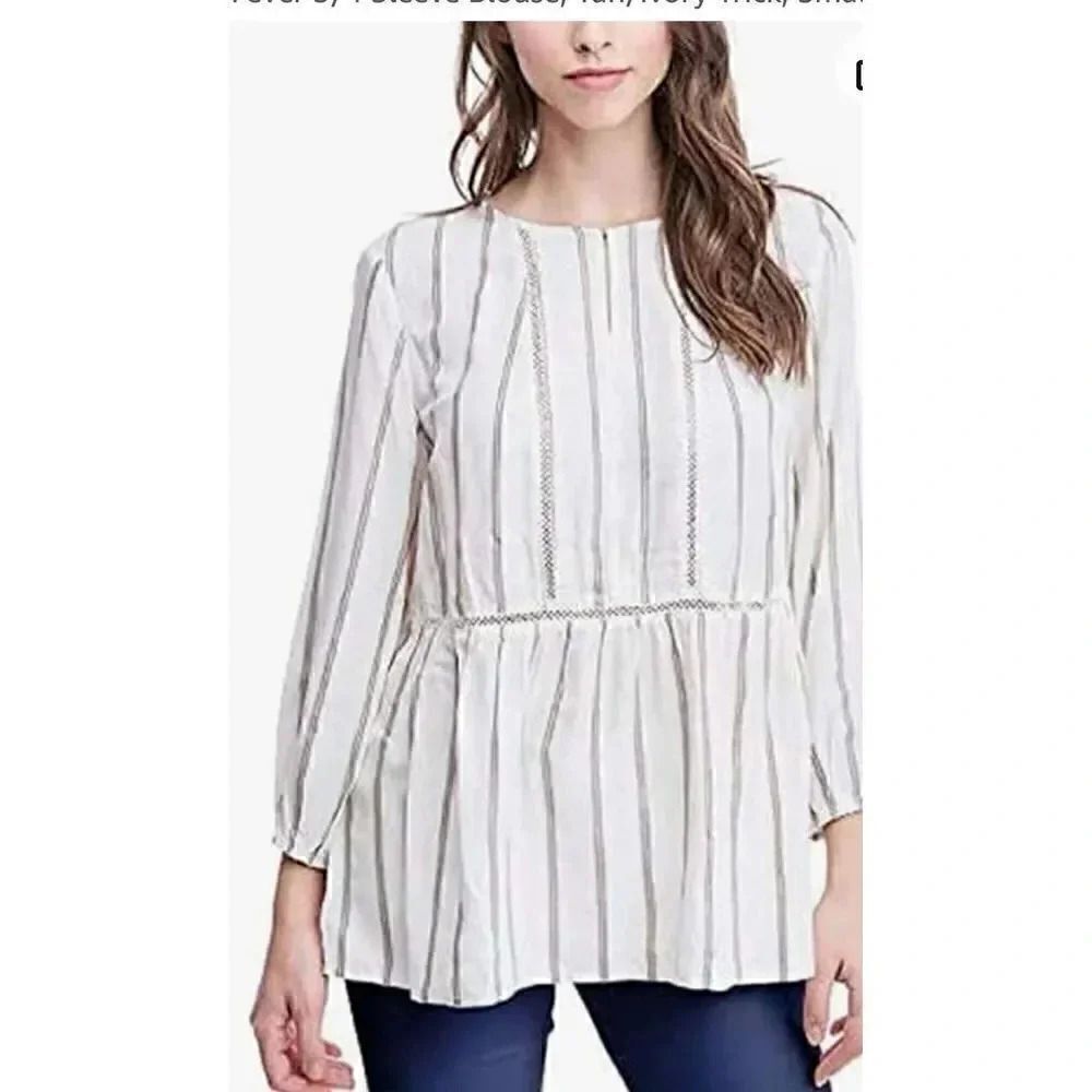 NWT Fever 3/4 Sleeve Blouse, Tan/Ivory Stripes Lace Bohemian Gypsy Sz M #1842